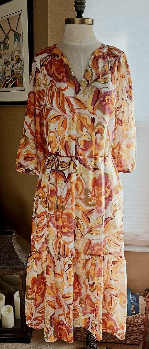 Julia Jordan Fate Afterglow Floral Midi Dress Chiffon Tiered Balloon Sleeve Sz L